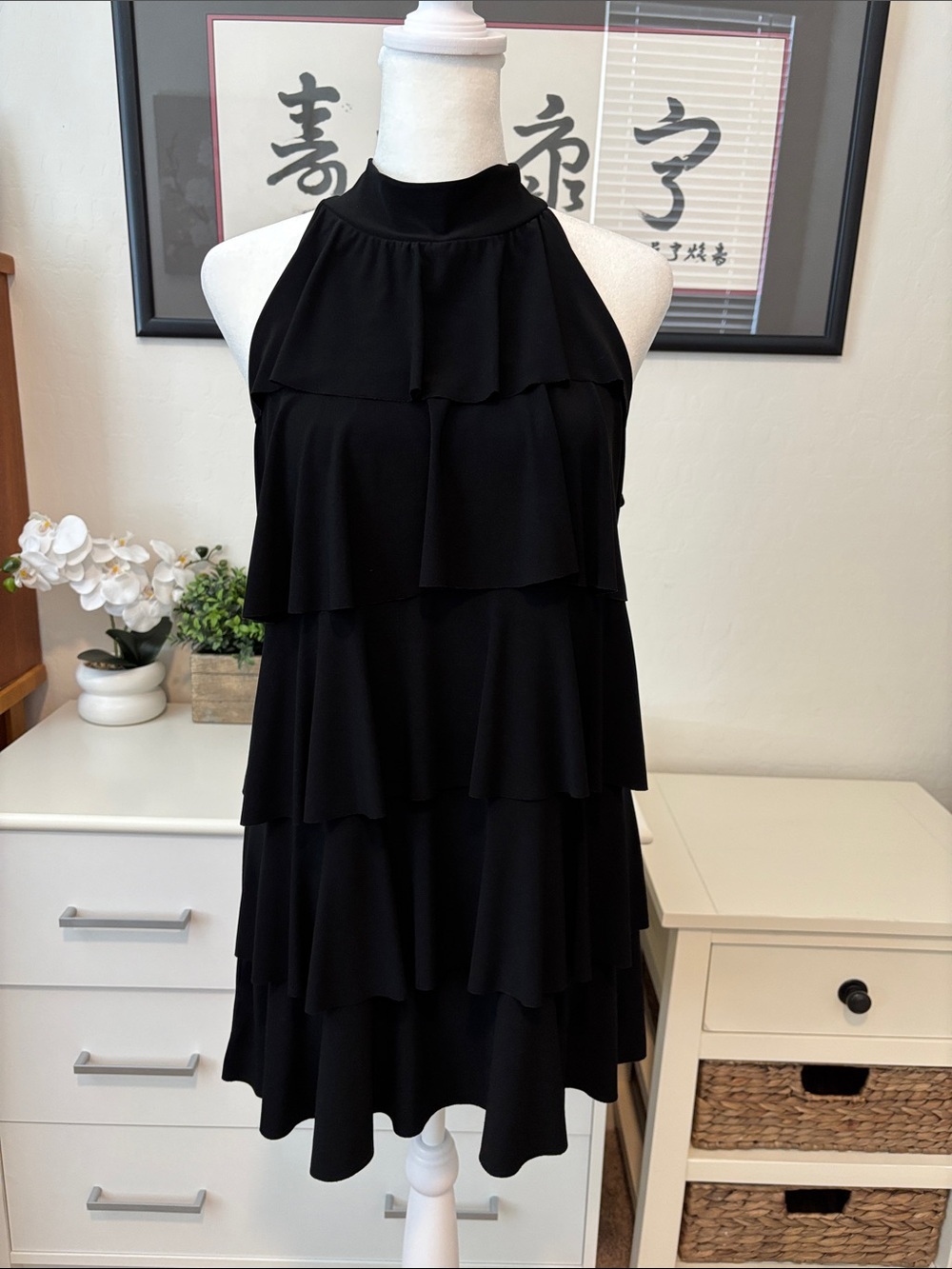 Carole Little Sleeveless Tiered Ruffle Halter Long Blouse in Black